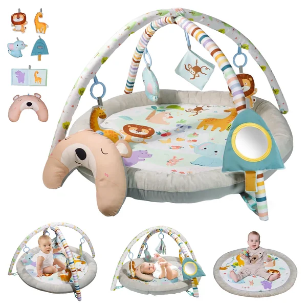 Baby Play Mat, Baby Play Gym,Plush Play Mat with 6 Toys and Moon Pillow,Foldable Detachable Zoo Design Baby Gym for Early Education Develop Motor&Cognition,Suitable for Babies Aged 0-18 Months.