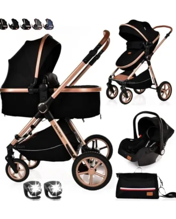 Baby Pram Pushchair Buggy Stroller 3 in 1 Child Lightweight Folding Stroller 3 in 1 Travel System Pram for Newborns Toddlers from Birth Aluminum (Black - Rose Gold Frame)