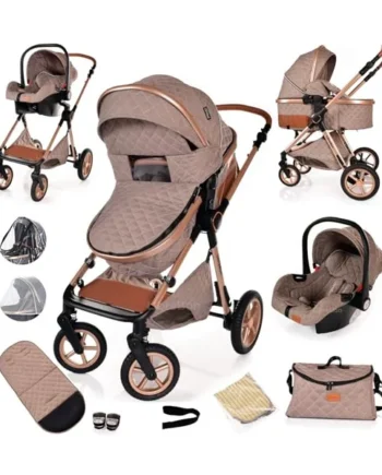 Baby Pram Pushchair Buggy with Car Seat Lightweight Stroller Folding Strollers 3 in1 Travel System Baby Trolley Pram for Newborns Toddlers from Birth (Beige - Rose Gold Frame)