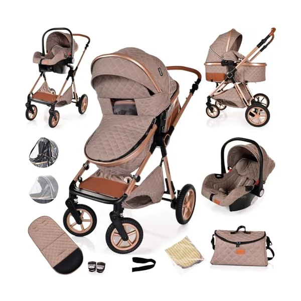 Baby Pram Pushchair Buggy with Car Seat Lightweight Stroller Folding Strollers 3 in1 Travel System Baby Trolley Pram for Newborns Toddlers from Birth (Beige - Rose Gold Frame)