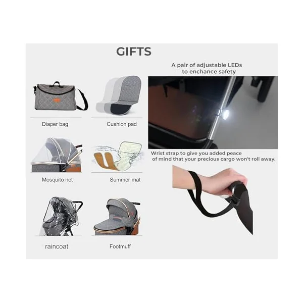 Baby Pram Pushchair Buggy with Car Seat Lightweight Stroller Folding Strollers 3 in1 Travel System Baby Trolley Pram for Newborns Toddlers from Birth (Beige - Rose Gold Frame)