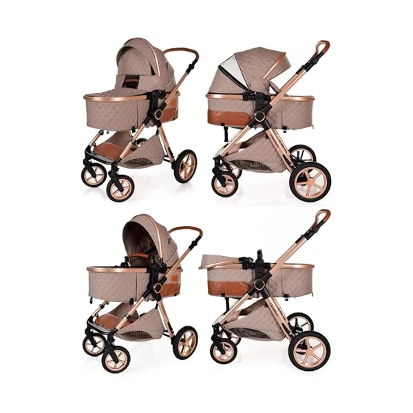 Baby Pram Pushchair Buggy with Car Seat Lightweight Stroller Folding Strollers 3 in1 Travel System Baby Trolley Pram for Newborns Toddlers from Birth (Beige - Rose Gold Frame)