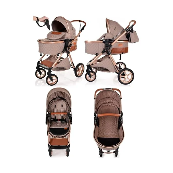 Baby Pram Pushchair Buggy with Car Seat Lightweight Stroller Folding Strollers 3 in1 Travel System Baby Trolley Pram for Newborns Toddlers from Birth (Beige - Rose Gold Frame)
