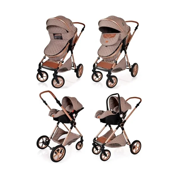 Baby Pram Pushchair Buggy with Car Seat Lightweight Stroller Folding Strollers 3 in1 Travel System Baby Trolley Pram for Newborns Toddlers from Birth (Beige - Rose Gold Frame)