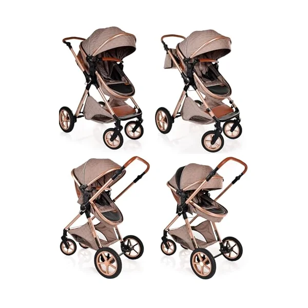 Baby Pram Pushchair Buggy with Car Seat Lightweight Stroller Folding Strollers 3 in1 Travel System Baby Trolley Pram for Newborns Toddlers from Birth (Beige - Rose Gold Frame)