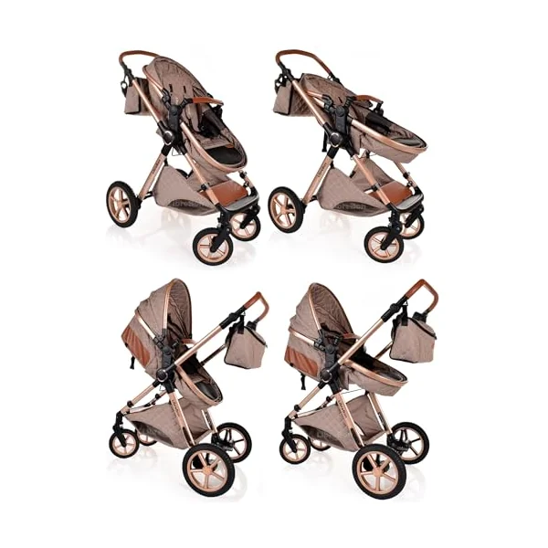 Baby Pram Pushchair Buggy with Car Seat Lightweight Stroller Folding Strollers 3 in1 Travel System Baby Trolley Pram for Newborns Toddlers from Birth (Beige - Rose Gold Frame)