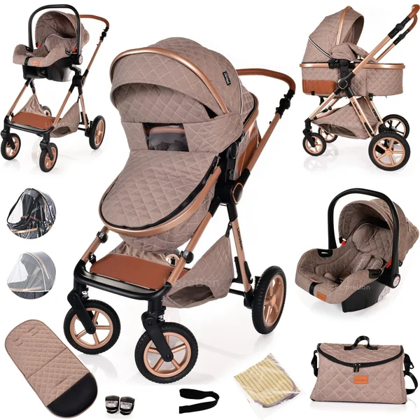 Baby Pram Pushchair Buggy with Car Seat Lightweight Stroller Folding Strollers 3 in1 Travel System Baby Trolley Pram for Newborns Toddlers from Birth (Beige - Rose Gold Frame)