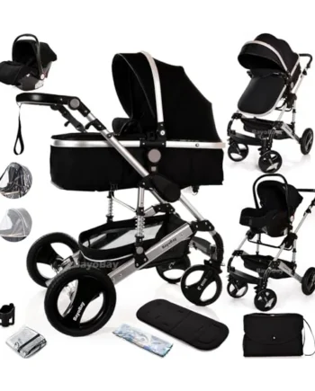 Baby Pram Pushchair Buggy with Car Seat Lightweight Stroller Folding Strollers 3 in1 Travel System Baby Trolley Pram for Newborns Toddlers from Birtn (Black - Silver Frame)