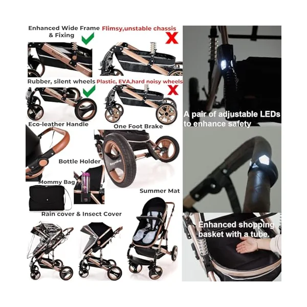 Baby Pram Pushchair Buggy with Car Seat Lightweight Stroller Folding Strollers 3 in1 Travel System Baby Trolley Pram for Newborns Toddlers from Birtn (Black - Silver Frame)