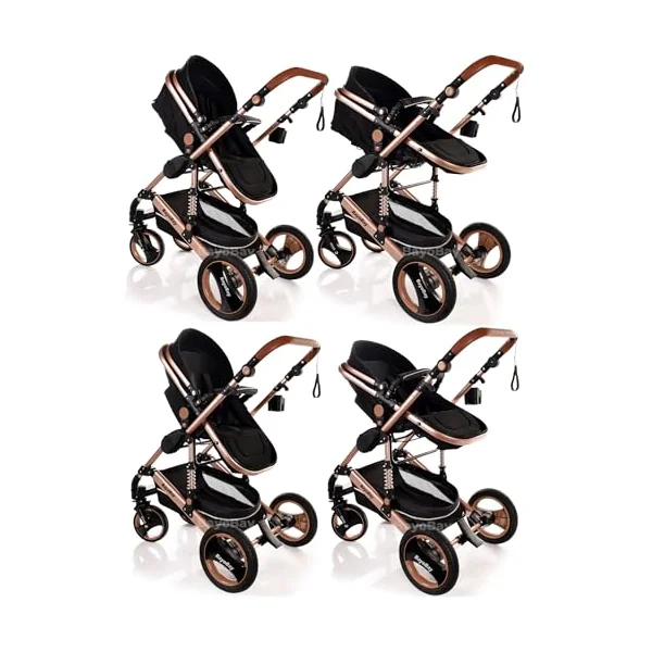 Baby Pram Pushchair Buggy with Car Seat Lightweight Stroller Folding Strollers 3 in1 Travel System Baby Trolley Pram for Newborns Toddlers from Birtn (Black - Silver Frame)