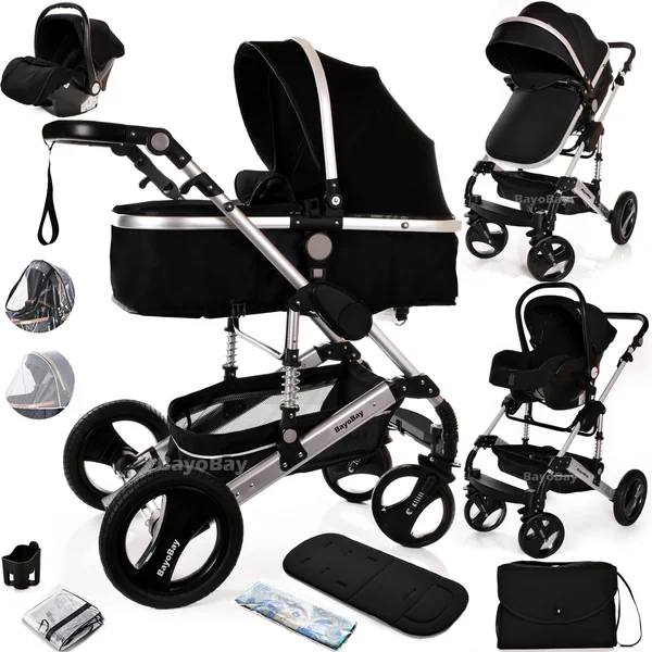 Baby Pram Pushchair Buggy with Car Seat Lightweight Stroller Folding Strollers 3 in1 Travel System Baby Trolley Pram for Newborns Toddlers from Birtn (Black - Silver Frame)