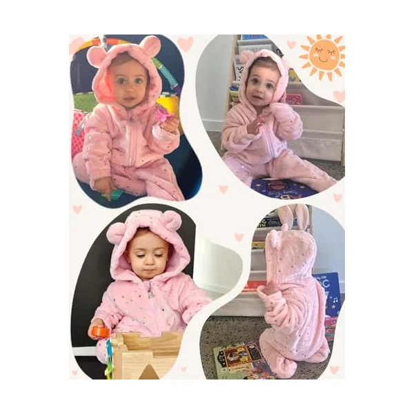 Baby Snowsuit Fleece Hooded Romper Toddler Footed Jumpsuit Warm Baby Onesie Thin Fall Winter Outfits for Baby Girls Boys 0-12 Months