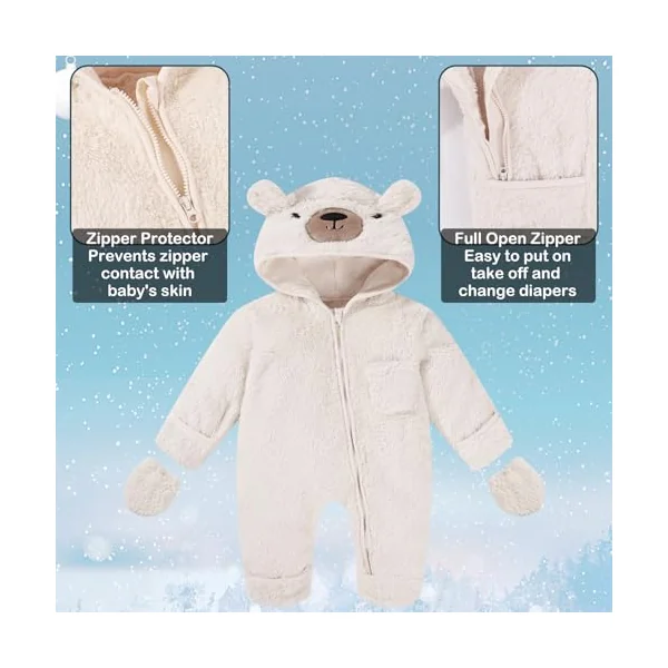 Baby Snowsuit Onesie Newborn Baby Girl Boy Clothes Bear Hooded Footed Fleece Romper Fall Winter Outfits