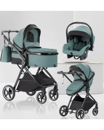 Baby Stroller 3 in 1,Stroller System Handle is Adjustable-Blue | Travel Pushchair's Lie-Flat Pram is Foldable, The Wheels are Made of PU Material, Suitable for 0-3 Years