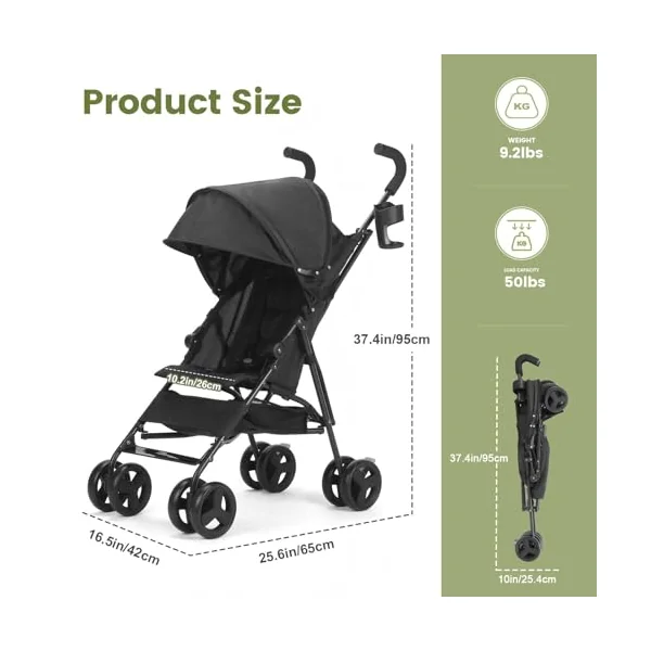Baby Stroller, Umbrella Stroller with Foldable Pushchair with Adjustable Canopy, Folding Infant Newborn Pram Travel Stroller with Storage Basket, Cup Holder, Suspension Wheels for Infants 3-36M(Black)