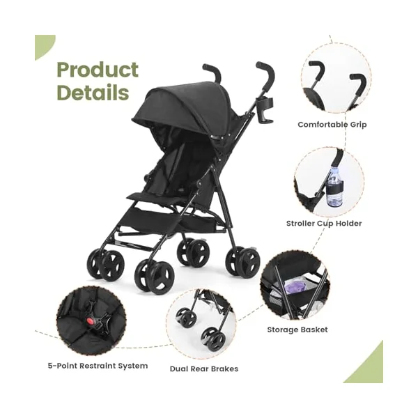 Baby Stroller, Umbrella Stroller with Foldable Pushchair with Adjustable Canopy, Folding Infant Newborn Pram Travel Stroller with Storage Basket, Cup Holder, Suspension Wheels for Infants 3-36M(Black)