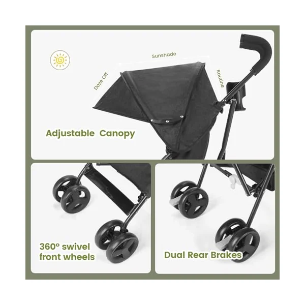 Baby Stroller, Umbrella Stroller with Foldable Pushchair with Adjustable Canopy, Folding Infant Newborn Pram Travel Stroller with Storage Basket, Cup Holder, Suspension Wheels for Infants 3-36M(Black)