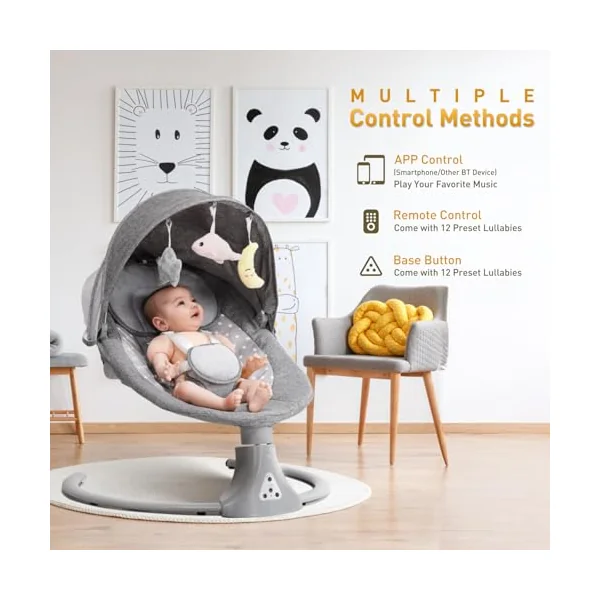 Baby Swing Chair: Baby Bouncer from Birth with Bluetooth Remote Control | Cordless 5-Speed Levels 12 Lullabies & 3 Timers | 3 Adjustable Angles & Electric Rocking Chair for Newborn | Gray