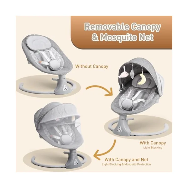 Baby Swing Chair: Baby Bouncer from Birth with Bluetooth Remote Control | Cordless 5-Speed Levels 12 Lullabies & 3 Timers | 3 Adjustable Angles & Electric Rocking Chair for Newborn | Gray