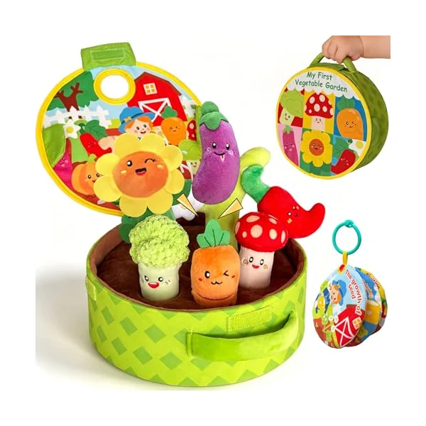 Baby Toys 6-12 Months - Montessori Interactive Play Vegetable Garden Plush Toy for Babies, with Soft Vegetables and Cloth Book, Busy Educational Sensory Toys Gifts for Toddlers 9 18 Months