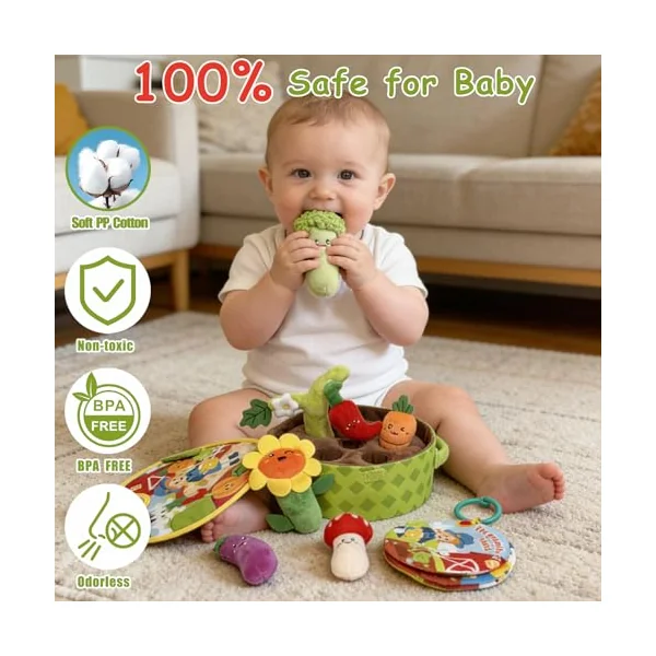 Baby Toys 6-12 Months - Montessori Interactive Play Vegetable Garden Plush Toy for Babies, with Soft Vegetables and Cloth Book, Busy Educational Sensory Toys Gifts for Toddlers 9 18 Months
