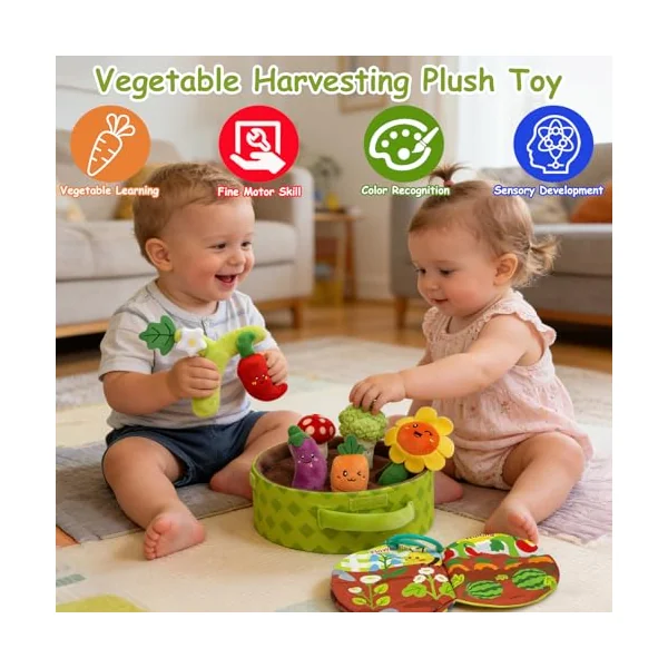 Baby Toys 6-12 Months - Montessori Interactive Play Vegetable Garden Plush Toy for Babies, with Soft Vegetables and Cloth Book, Busy Educational Sensory Toys Gifts for Toddlers 9 18 Months