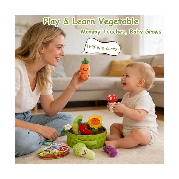 Baby Toys 6-12 Months - Montessori Interactive Play Vegetable Garden Plush Toy for Babies, with Soft Vegetables and Cloth Book, Busy Educational Sensory Toys Gifts for Toddlers 9 18 Months