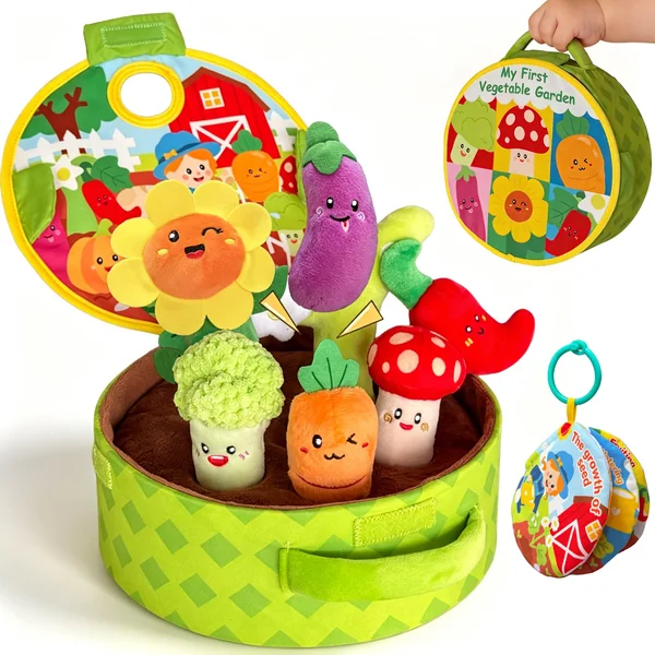 Baby Toys 6-12 Months - Montessori Interactive Play Vegetable Garden Plush Toy for Babies, with Soft Vegetables and Cloth Book, Busy Educational Sensory Toys Gifts for Toddlers 9 18 Months