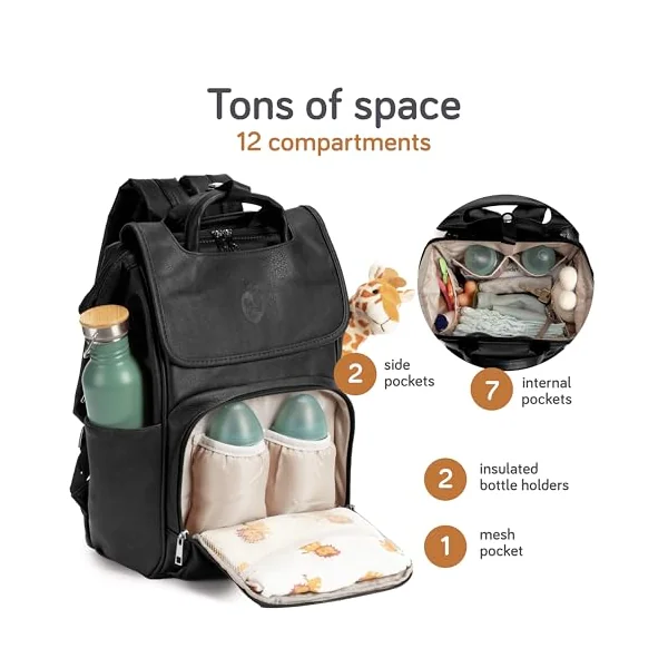 Baby Uma Award-Winning Baby Changing Bag Backpack - Leather-Style for Mum & Dad, Nappy Bag with Insulated Bottle Holders, Multiple Compartments & Changing Mat