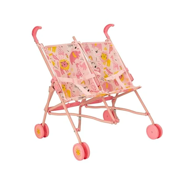 BabyBoo Twin Stroller | Childrens Double Stroller Pram In Pink Jungle | Tandem Pushchair For Childrens Baby Doll | Toy Umbrella Fold Stroller | Role Play Toy Dolls Buggy Pushchair | Ages 3+