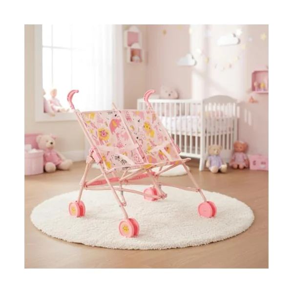 BabyBoo Twin Stroller | Childrens Double Stroller Pram In Pink Jungle | Tandem Pushchair For Childrens Baby Doll | Toy Umbrella Fold Stroller | Role Play Toy Dolls Buggy Pushchair | Ages 3+