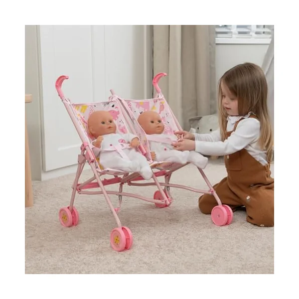 BabyBoo Twin Stroller | Childrens Double Stroller Pram In Pink Jungle | Tandem Pushchair For Childrens Baby Doll | Toy Umbrella Fold Stroller | Role Play Toy Dolls Buggy Pushchair | Ages 3+