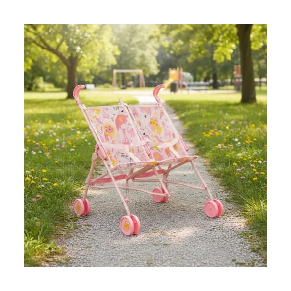BabyBoo Twin Stroller | Childrens Double Stroller Pram In Pink Jungle | Tandem Pushchair For Childrens Baby Doll | Toy Umbrella Fold Stroller | Role Play Toy Dolls Buggy Pushchair | Ages 3+