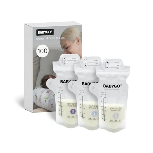 BABYGO® 100 Pcs Disposable Breast Milk Storage Bags – BPA-Free, Leak-Proof, Pre-Sterilised Breastmilk Storage Pouches with Temperature Sensor, Easy Pour Spout & Labels, Freezer & Fridge Safe