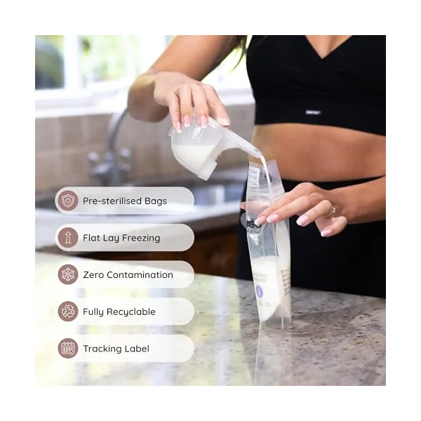 BABYGO® 100 Pcs Disposable Breast Milk Storage Bags – BPA-Free, Leak-Proof, Pre-Sterilised Breastmilk Storage Pouches with Temperature Sensor, Easy Pour Spout & Labels, Freezer & Fridge Safe