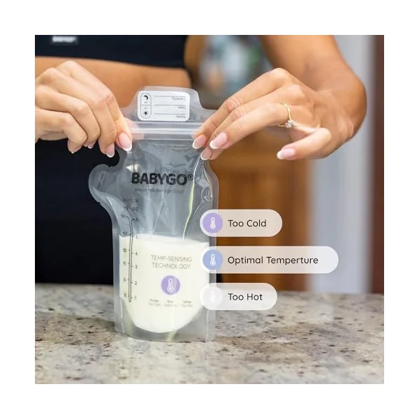 BABYGO® 100 Pcs Disposable Breast Milk Storage Bags – BPA-Free, Leak-Proof, Pre-Sterilised Breastmilk Storage Pouches with Temperature Sensor, Easy Pour Spout & Labels, Freezer & Fridge Safe