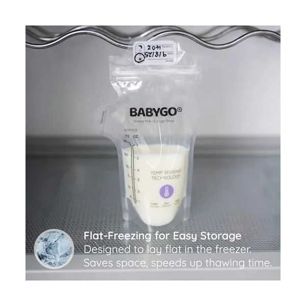 BABYGO® 100 Pcs Disposable Breast Milk Storage Bags – BPA-Free, Leak-Proof, Pre-Sterilised Breastmilk Storage Pouches with Temperature Sensor, Easy Pour Spout & Labels, Freezer & Fridge Safe