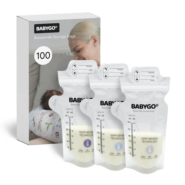 BABYGO® 100 Pcs Disposable Breast Milk Storage Bags – BPA-Free, Leak-Proof, Pre-Sterilised Breastmilk Storage Pouches with Temperature Sensor, Easy Pour Spout & Labels, Freezer & Fridge Safe