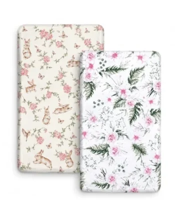 BABYMAM 2 Pack Fitted Cot Bed Sheets 140x70 cm, 100% Cotton Printed Baby Bedding, Soft Breathable Elasticated Sheets for Cot Bed & Toddler Bed, Assorted Designs (Secret Garden + Garden Flowers)