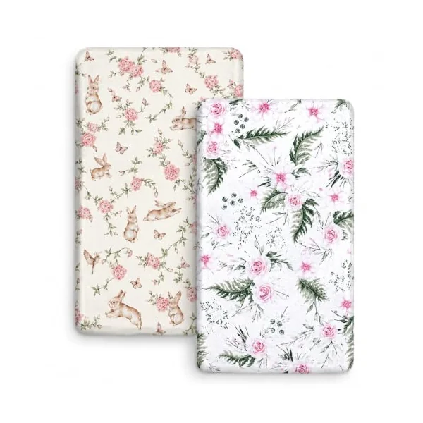 BABYMAM 2 Pack Fitted Cot Bed Sheets 140x70 cm, 100% Cotton Printed Baby Bedding, Soft Breathable Elasticated Sheets for Cot Bed & Toddler Bed, Assorted Designs (Secret Garden + Garden Flowers)