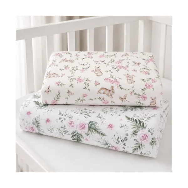 BABYMAM 2 Pack Fitted Cot Bed Sheets 140x70 cm, 100% Cotton Printed Baby Bedding, Soft Breathable Elasticated Sheets for Cot Bed & Toddler Bed, Assorted Designs (Secret Garden + Garden Flowers)