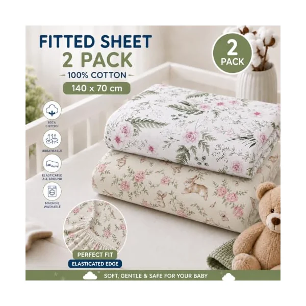 BABYMAM 2 Pack Fitted Cot Bed Sheets 140x70 cm, 100% Cotton Printed Baby Bedding, Soft Breathable Elasticated Sheets for Cot Bed & Toddler Bed, Assorted Designs (Secret Garden + Garden Flowers)