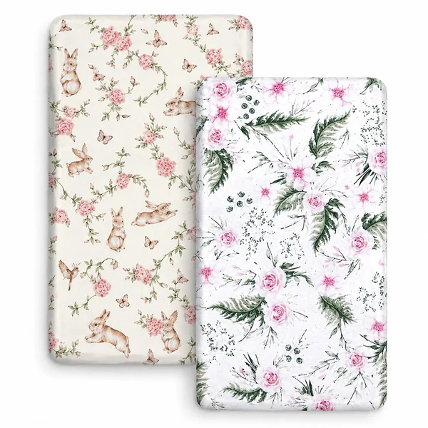 BABYMAM 2 Pack Fitted Cot Bed Sheets 140x70 cm, 100% Cotton Printed Baby Bedding, Soft Breathable Elasticated Sheets for Cot Bed & Toddler Bed, Assorted Designs (Secret Garden + Garden Flowers)