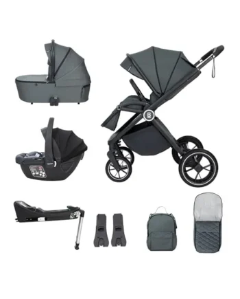 Babymore Kai Travel System with Coco i-Size Infant Car Seat - Safety Tested 3 in 1 Pram Travel System with Isofix Base & All Accessories, Flip and Fold System, 0-4 Years | Upto 22 Kg - Forest Grey