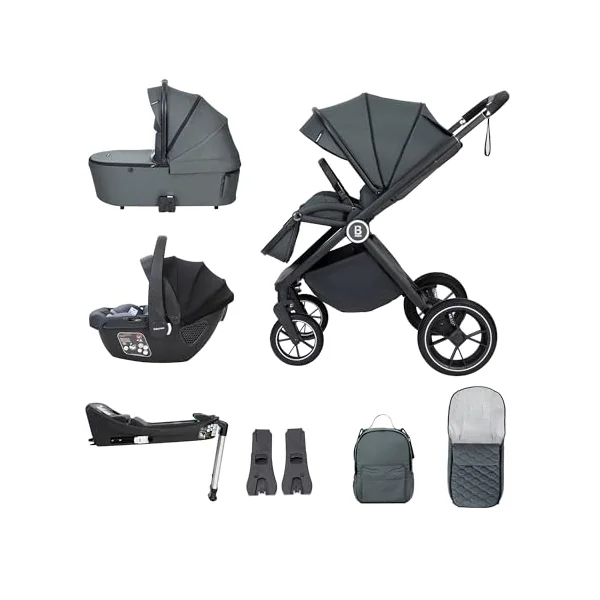 Babymore Kai Travel System with Coco i-Size Infant Car Seat - Safety Tested 3 in 1 Pram Travel System with Isofix Base & All Accessories, Flip and Fold System, 0-4 Years | Upto 22 Kg - Forest Grey