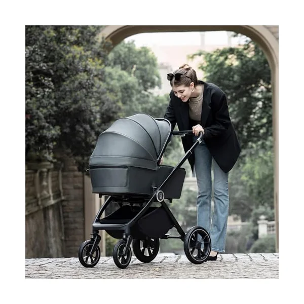 Babymore Kai Travel System with Coco i-Size Infant Car Seat - Safety Tested 3 in 1 Pram Travel System with Isofix Base & All Accessories, Flip and Fold System, 0-4 Years | Upto 22 Kg - Forest Grey