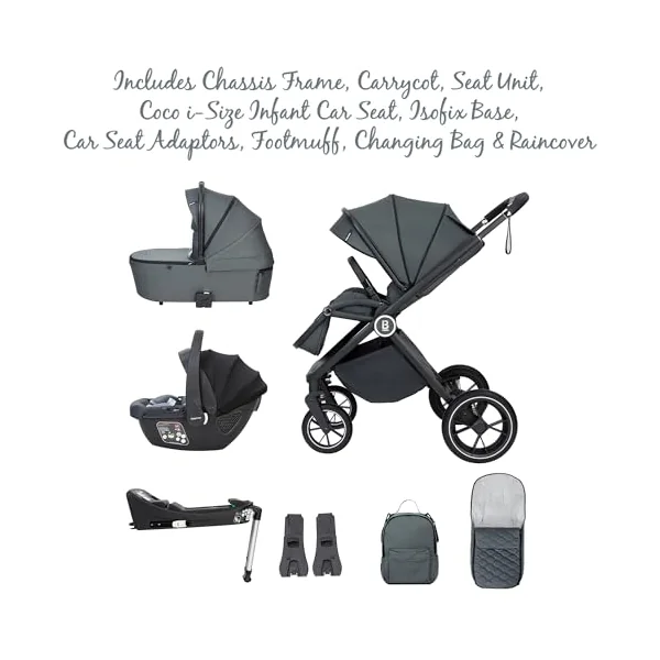 Babymore Kai Travel System with Coco i-Size Infant Car Seat - Safety Tested 3 in 1 Pram Travel System with Isofix Base & All Accessories, Flip and Fold System, 0-4 Years | Upto 22 Kg - Forest Grey