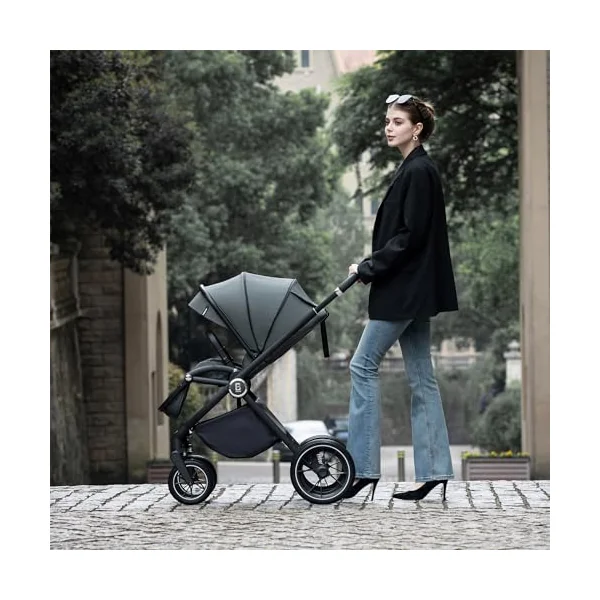 Babymore Kai Travel System with Coco i-Size Infant Car Seat - Safety Tested 3 in 1 Pram Travel System with Isofix Base & All Accessories, Flip and Fold System, 0-4 Years | Upto 22 Kg - Forest Grey