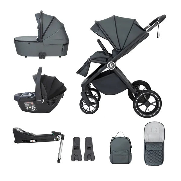 Babymore Kai Travel System with Coco i-Size Infant Car Seat - Safety Tested 3 in 1 Pram Travel System with Isofix Base & All Accessories, Flip and Fold System, 0-4 Years | Upto 22 Kg - Forest Grey
