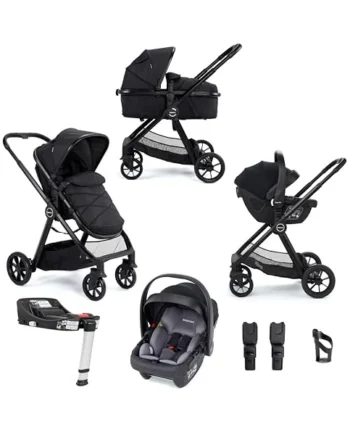 Babymore Mimi Travel System Coco i-Size Black Car Seat with ISOFIX Base - 3 in 1 Pram Pushchair, Easy Folding & Convertible Carrycot to Pushchair Seat with Adaptors, Foot Muff, Rain Cover & Cup Holder